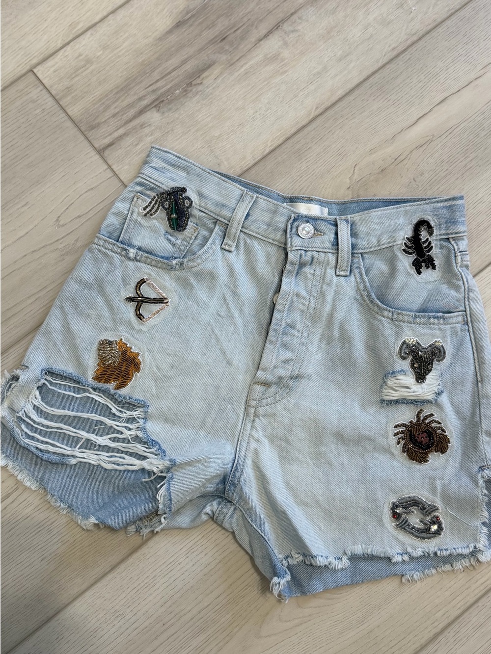 7 For All Mankind Light Blue Embroidered High-Rise Denim Shorts